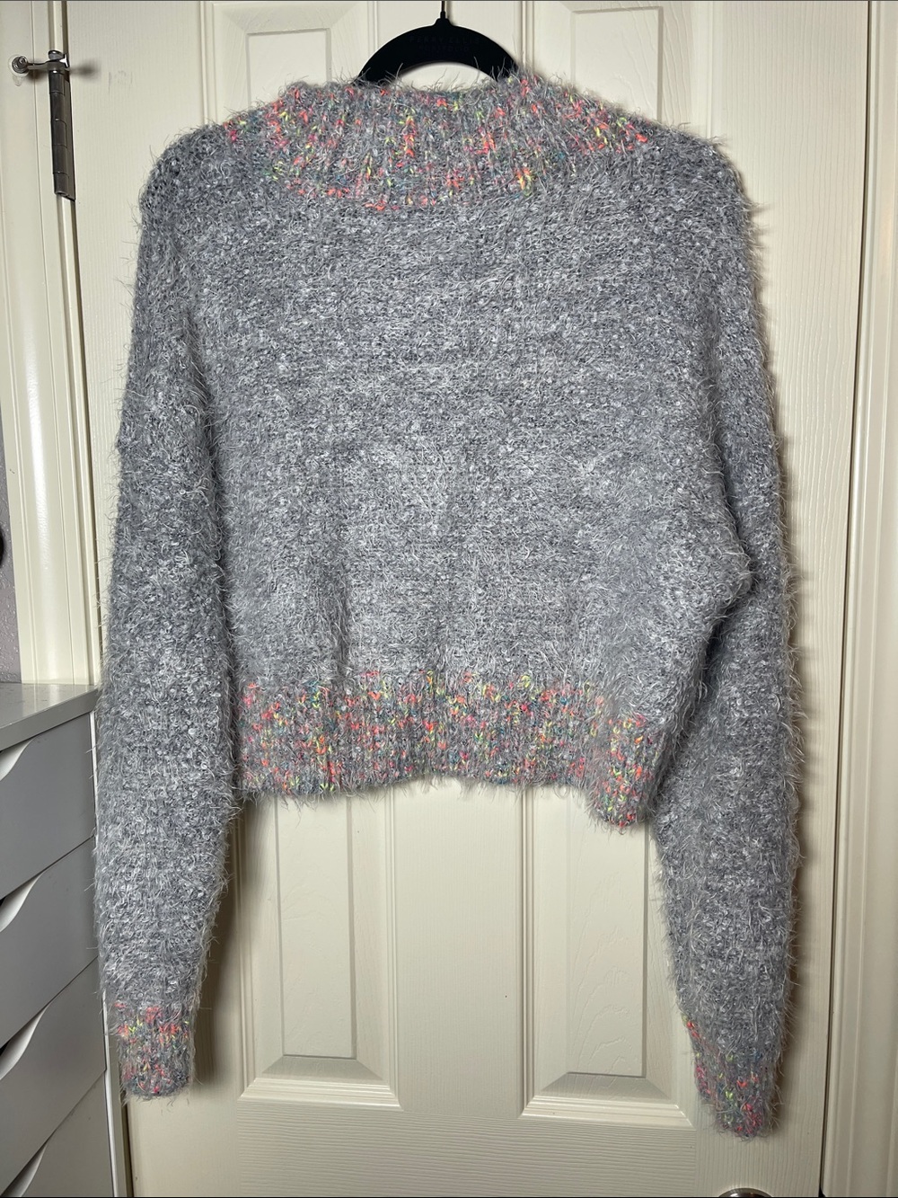 Free People Gray Fuzzy Crewneck Sweater with Pastel Multicolor Trim - Picture 6 of 8